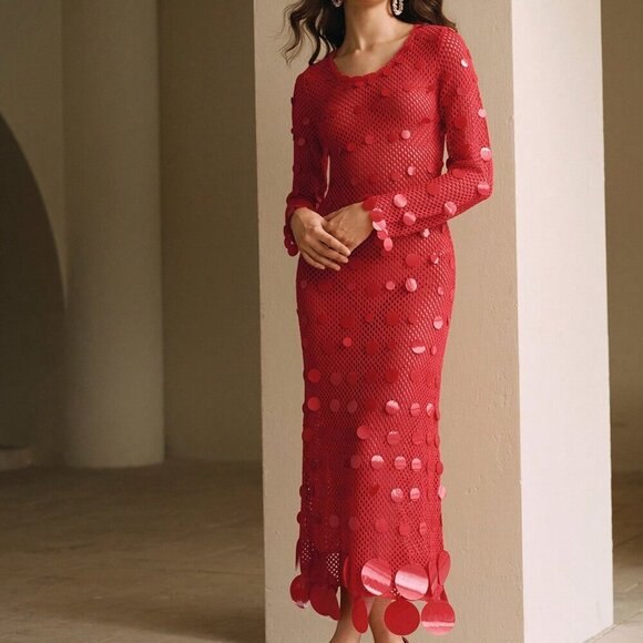 Red Elegant Women's Sequined Crochet Long-Sleeve Dress - Picture 4 of 7